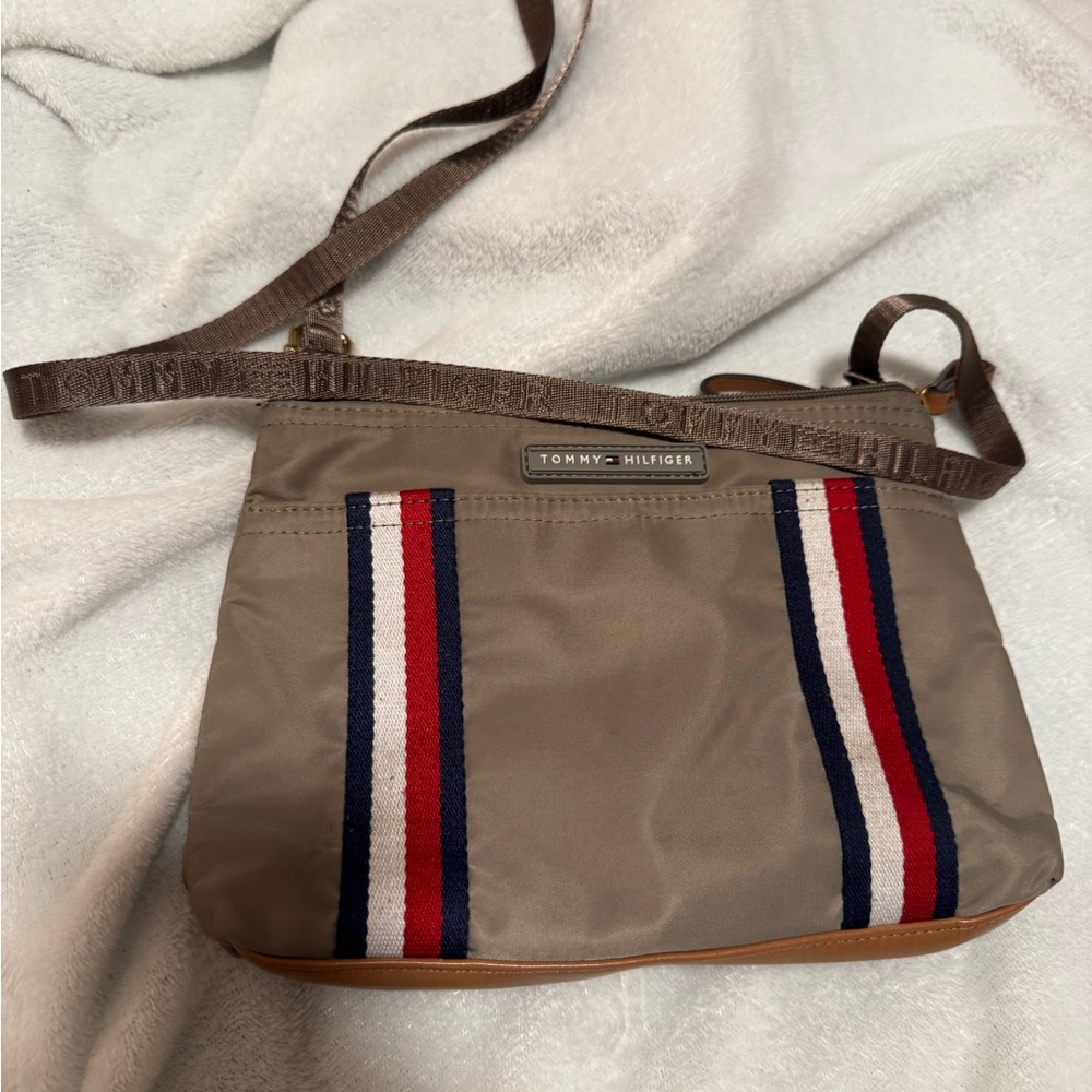 Tommy Hilfiger Brown Crossbody Bag with Red and Blue Stripes